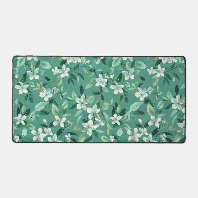 Whimsical White Blossoms on Teal Desk Mat (Front)