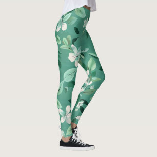 Whimsical White Blossoms on Teal Leggings