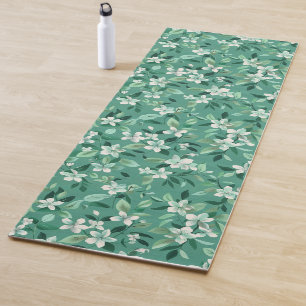 Whimsical White Blossoms on Teal Yoga Mat