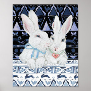Whimsical White Bunny Rabbit Blue Ikat Folk Design Poster