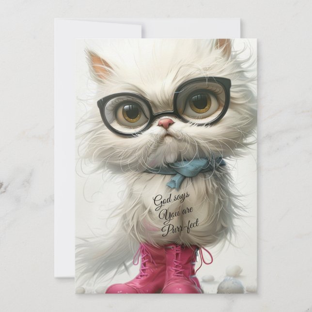 Whimsical White Cat, God Says, "You Are Purr-fect  Holiday Card (Front)