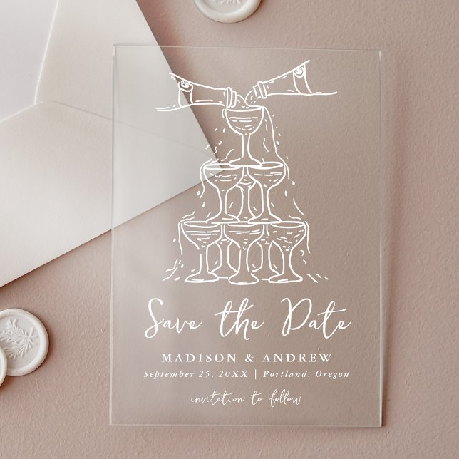 Whimsical White Champagne Tower Save the Date Acrylic Invitations (Creator Uploaded)