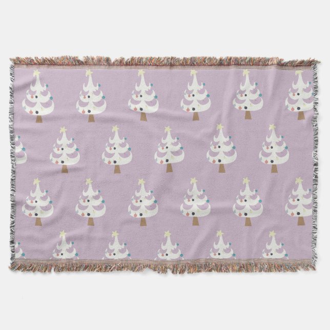 Whimsical White Christmas Trees on Purple Throw Blanket (Front)