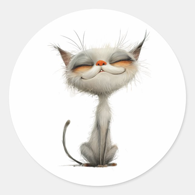 Whimsical White Contented Cat Illustration Classic Round Sticker (Front)