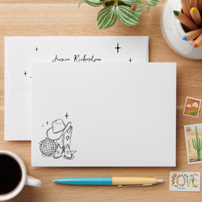 Whimsical White Cowboy Boots Disco Return Address Envelope (Desk)