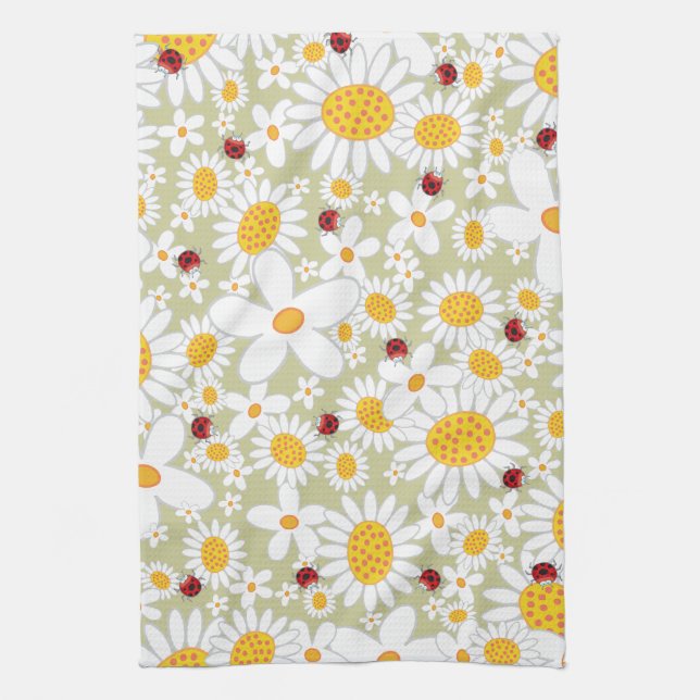 Whimsical White Daisies Flowers Red Ladybugs Cute Tea Towel (Vertical)