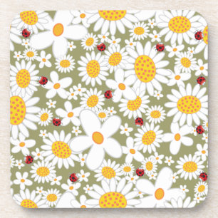 Whimsical White Daisies Ladybugs Flowers Cork Coas Coaster