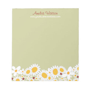Whimsical White Daisies Ladybugs Flowers Notepad