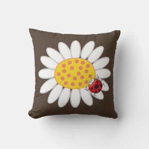 Whimsical White Daisies Red Ladybugs Spring Flower Cushion