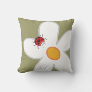 Whimsical White Daisies Red Ladybugs Spring Flower Cushion