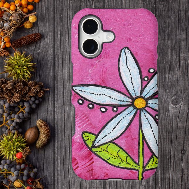 Whimsical White Daisy Flower Pink (Bold white daisy flower on stem green leaves white dots on bright pink phone case.)
