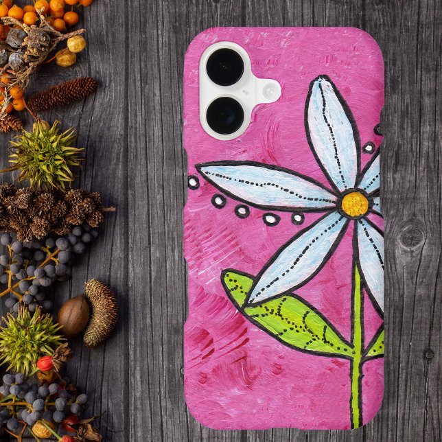 Whimsical White Daisy Flower Pink (Bright white daisy flower yellow center green leaves on vibrant pink phone case.)