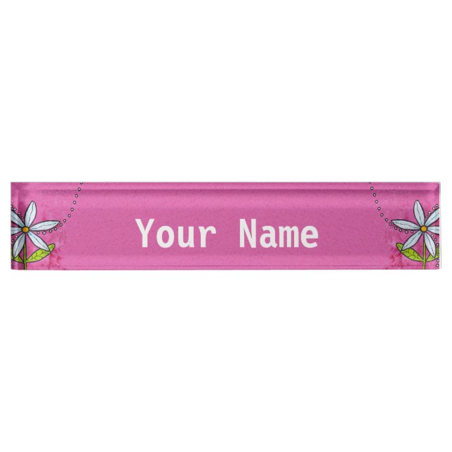 Whimsical White Daisy Flower Pink Nameplate (Front)