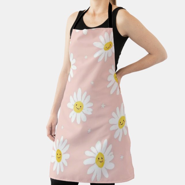 Whimsical White Daisy Pattern on Soft Pink Apron (Insitu)