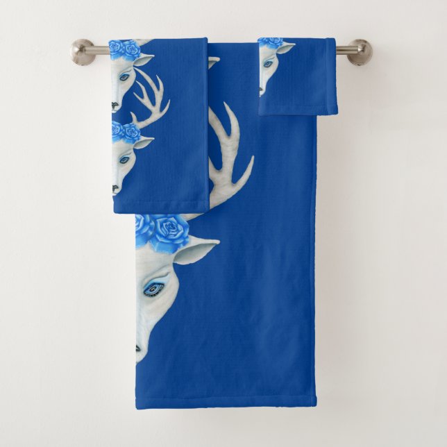Whimsical White Deer Head Antlers Pretty Blue Rose Bath Towel Set (Insitu)