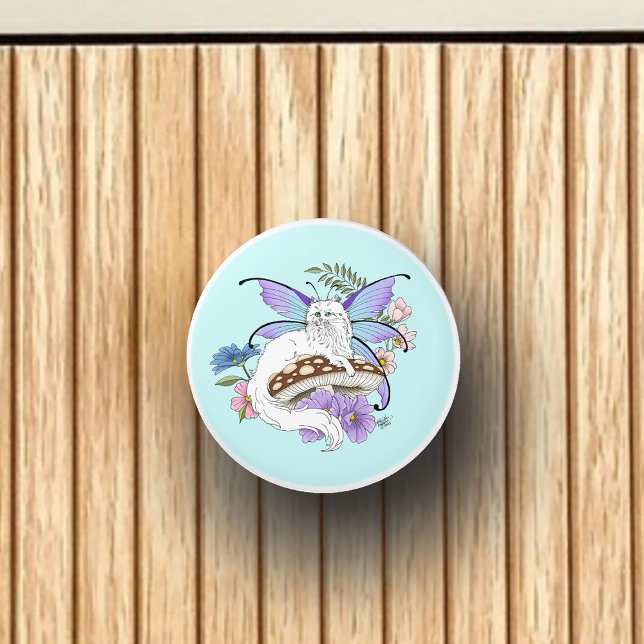 Whimsical White Fairy Cat Blue Mushroom Fantasy Ceramic Knob (Creator Uploaded)