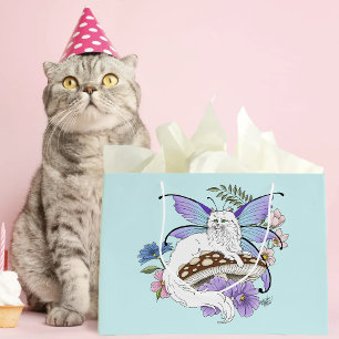 Whimsical White Fairy Cat Blue Mushroom Fantasy Large Gift Bag