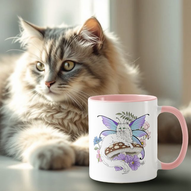 Whimsical White Fairy Cat Blue Mushroom Fantasy Mug (Creator Uploaded)