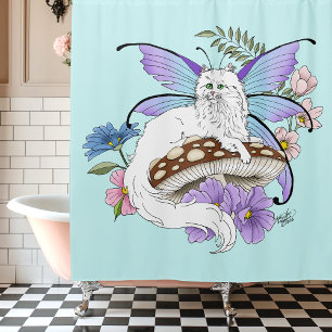 Whimsical White Fairy Cat Blue Mushroom Fantasy Shower Curtain