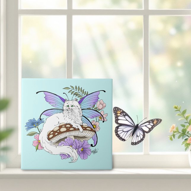 Whimsical White Fairy Cat Blue Mushroom Fantasy Tile (Creator Uploaded)