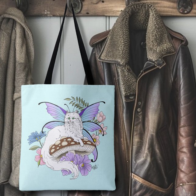 Whimsical White Fairy Cat Blue Mushroom Fantasy Tote Bag (Creator Uploaded)