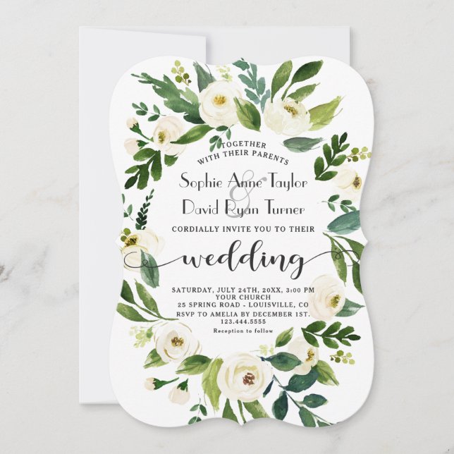 Whimsical White Floral Wreath Handwriting Wedding Invitation (Front)