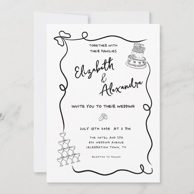 Whimsical White French Hand Drawn Wedding Invitation (Front)