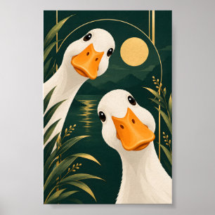 Whimsical White Geese Vintage Botanical Wall Art