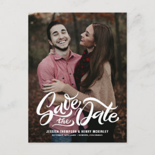 Whimsical White Hand Lettered Photo Overlay Floral Announcement Postcard