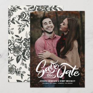 Whimsical White Hand Lettered Photo Overlay Floral Save The Date