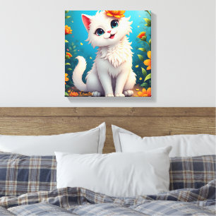Whimsical White Kitten Garden Canvas Print