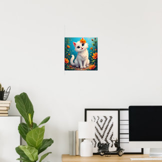 Whimsical White Kitten Garden Poster