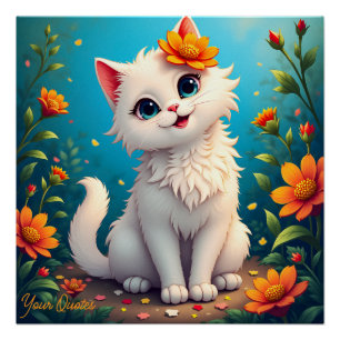 Whimsical White Kitten Garden Poster