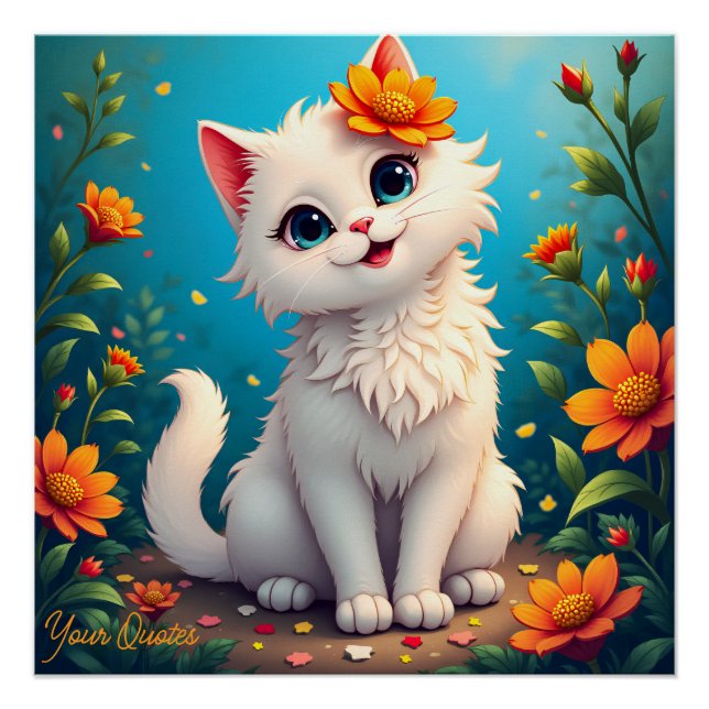 Whimsical White Kitten Garden Poster (Front)