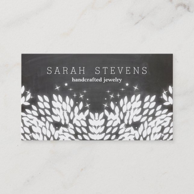 Whimsical White leaves Black Chalkboard Business Card (Front)
