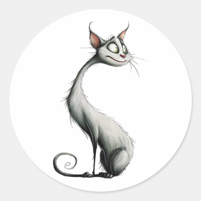 Whimsical White Long Neck Cat Illustration Classic Round Sticker (Front)