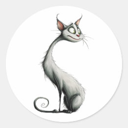 Whimsical White Long Neck Cat Illustration Classic Round Sticker