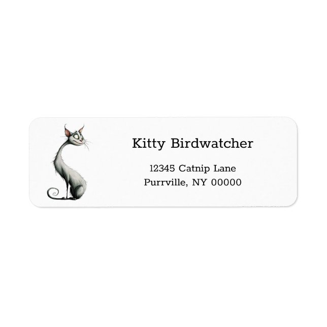 Whimsical White Long Neck Cat Return Address (Front)