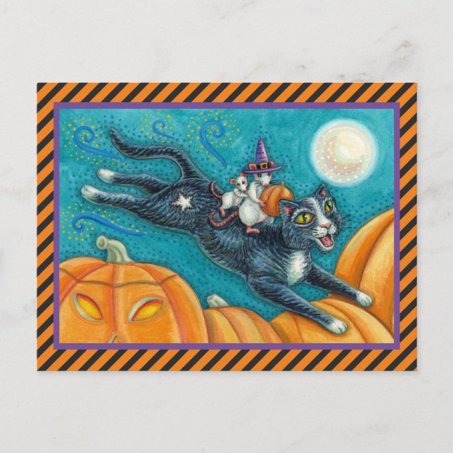 WHIMSICAL WHITE MICE RIDING HALLOWEEN BLACK CAT POSTCARD (Front)