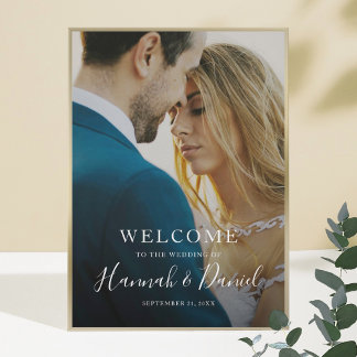 Whimsical White Modern Photo Wedding Welcome Poster