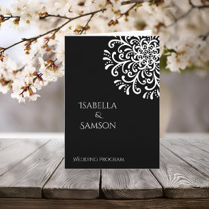 Whimsical White On Black Flourish Wedding Program Programme