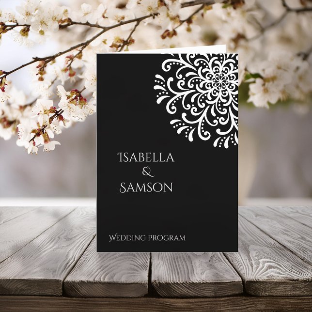 Whimsical White On Black Flourish Wedding Program Programme (Creator Uploaded)