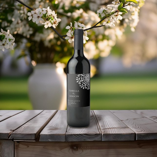 Whimsical White on Black Flourish Wine Label (Creator Uploaded)