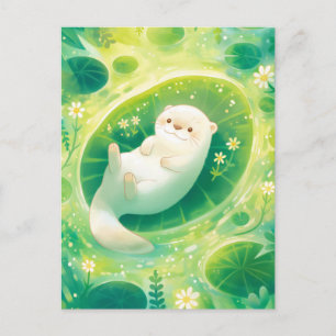 Whimsical White Otter on Green Lily Pad Postcard
