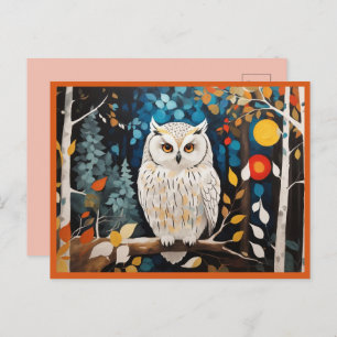 Whimsical White Owl In Colourful Vibrant Forest  Postcard