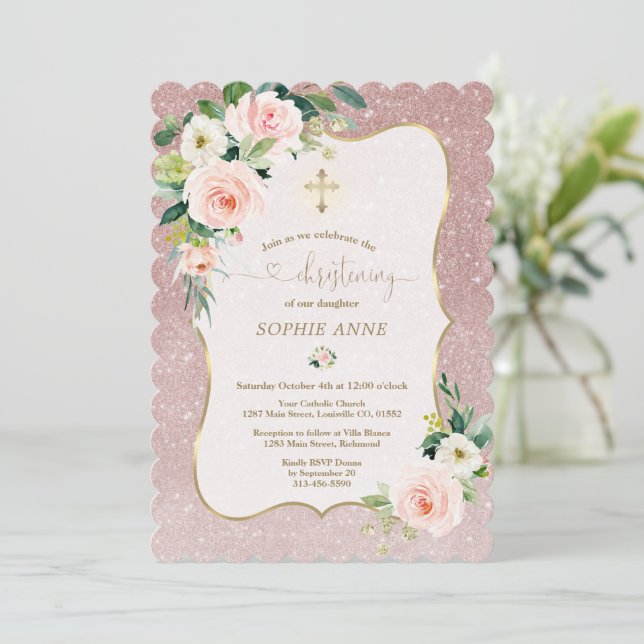 Whimsical White Pink Floral Gold Girl Christening  Invitation (Standing Front)
