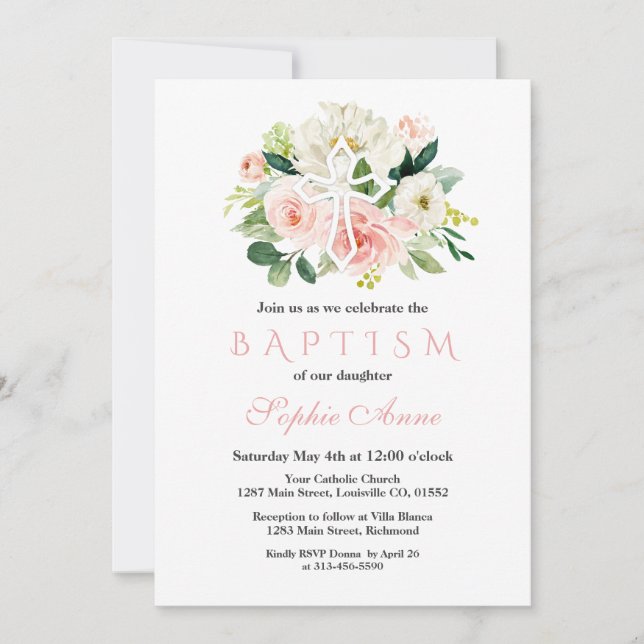 Whimsical White Pink Floral White Cross Baptism Invitation (Front)