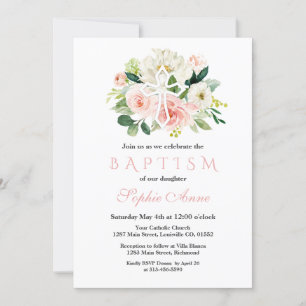 Whimsical White Pink Floral White Cross Baptism Invitation
