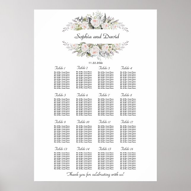 Whimsical White Pink Flowers Frame Seating Chart (Front)