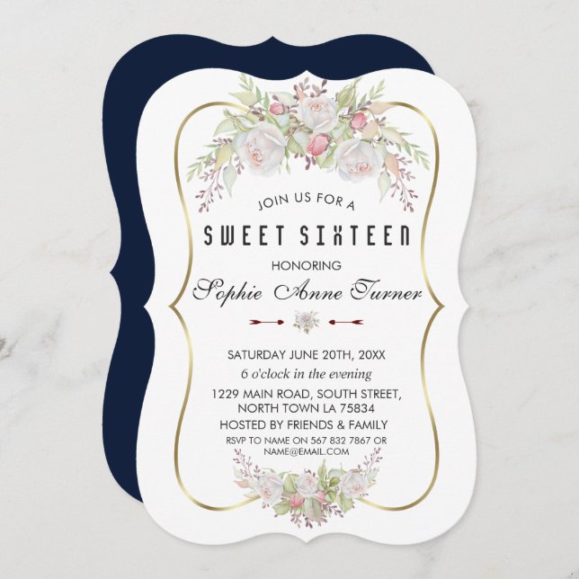 Whimsical White Pink Flowers Gold Frame Sweet 16 Invitation (Front/Back)